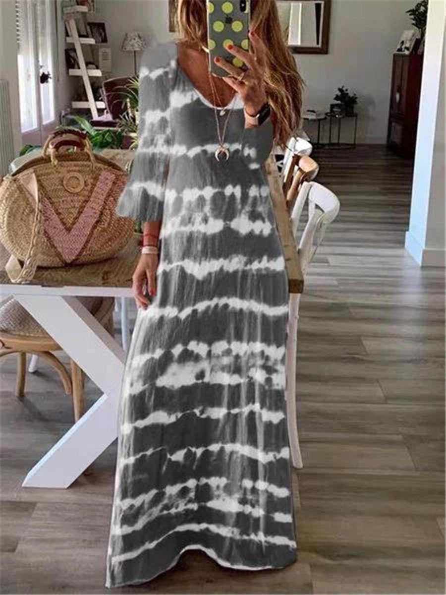 Casual Striped Print V Neck Maxi Dresses