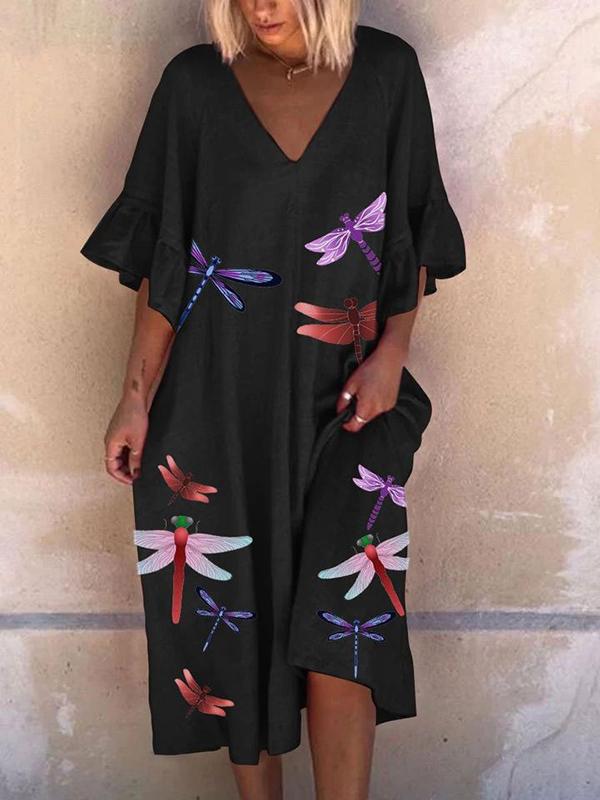 Multicolor Dragonfly Print Ruffled Sleeve Midi Dress